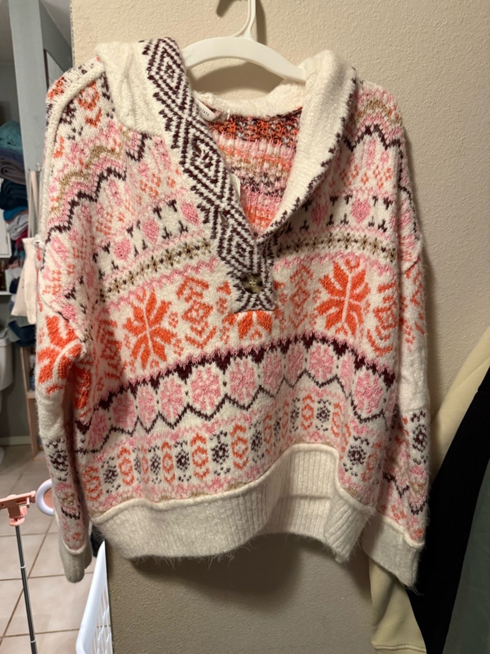 Altar'd State Cream Fair Isle Hooded Knit Sweater with Pink & Orange Accents